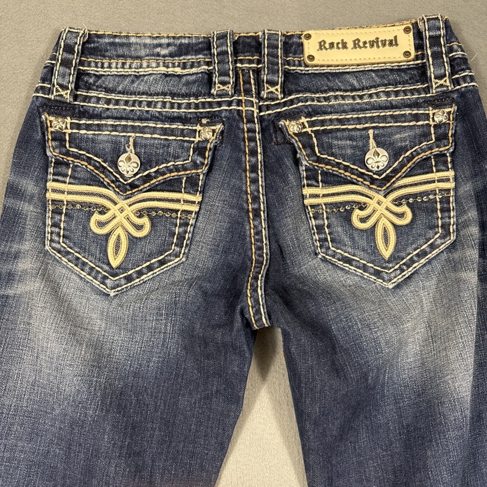 ROCK REVIVAL Women's 27  PENNY BOOT Jeans Rhinestone WHISKERING THICK STITCH